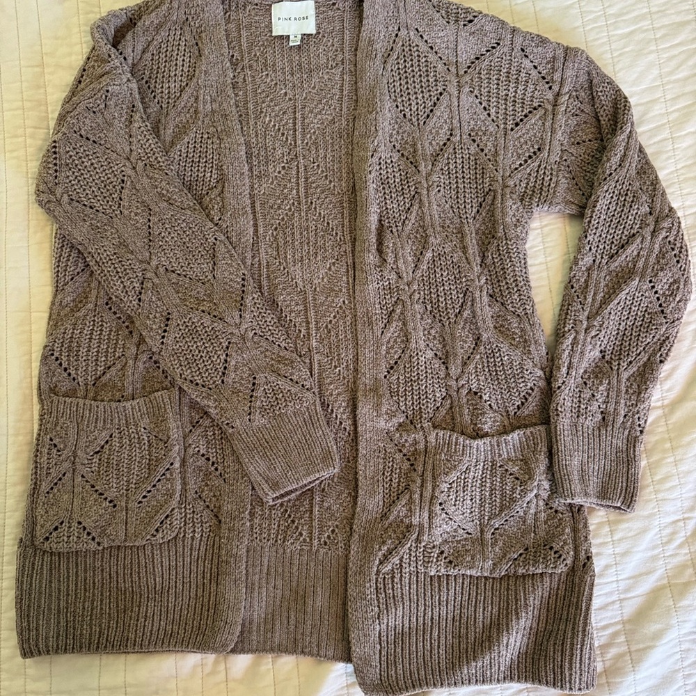 Pink Rose Brown Knit Cardigan Sweater Size M